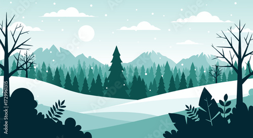 Flat design winter landscape illustration with snowy mountains and forest, perfect seasonal background with ample copy space for holiday greetings or web design
