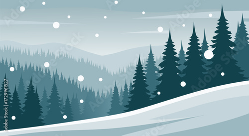 serene winter forest landscape with falling snow, providing ample copy space for text and design elements, a tranquil winter background