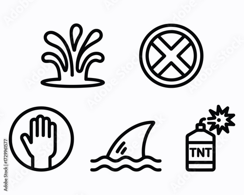 Minimalist Vector Icons Depicting Environmental Hazards a Polluted Water Source an Unsafe Space a Stop Hand Signal and Shark Infested Water Along with TNT
