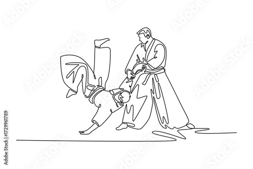 Single one line drawing a dynamic Aikido technique, with one male figure controlling inverted fall of his partner, art of control and momentum. Continuous line draw design graphic vector illustration