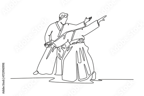 Continuous one line drawing two men performing Aikido technique, one figure extending his partner's arm to redirect his energy, controlled motion. Single line draw design vector graphic illustration;;