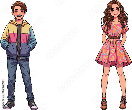 Cartoon illustration of teenage boy in colorful jacket and girl in patterned dress, stylish characters, modern design, fashion, vector art