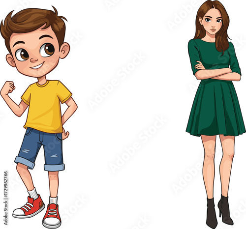 Cartoon illustration of young boy in yellow shirt and denim shorts with teenage girl in green dress, stylish, confident characters