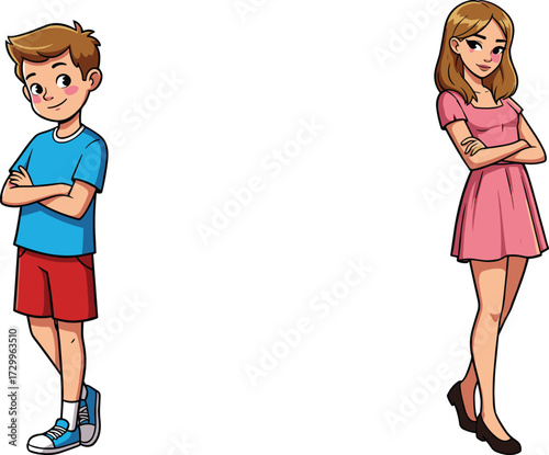 Cartoon illustration of young boy in casual outfit and teenage girl in pink dress, standing confidently, stylish characters, smiling faces, fashion