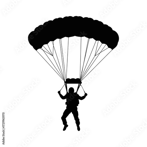 Silhouette of a skydiver with a parachute isolated on white background, descending from the sky