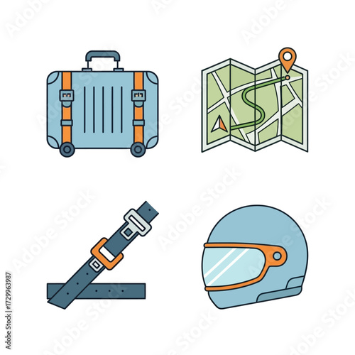 Travel icons set with suitcase, map, seat belt, and helmet isolated on white background