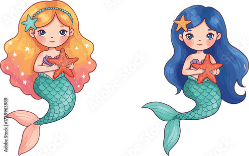 Cute cartoon mermaids holding starfish, fantasy sea characters, underwater illustration, magical ocean creatures, colorful vector art, fairy tale mythology, aquatic design