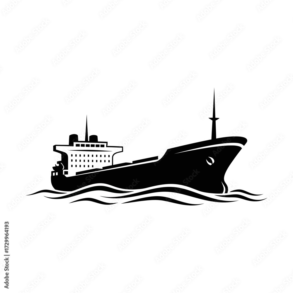 Fototapeta premium Silhouette of a cargo ship sailing on the sea isolated on white background, maritime transport