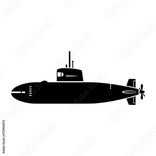 Silhouette of a submarine isolated on white background, a naval vessel capable of independent operation