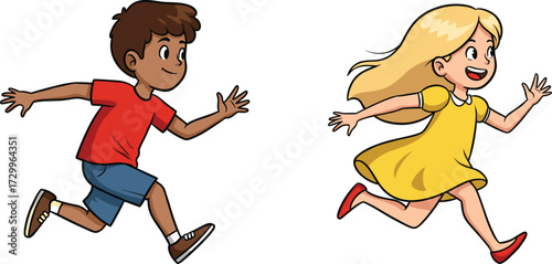 Cartoon illustration of happy boy in red shirt running with smile, and cute blonde girl in yellow dress running joyfully
