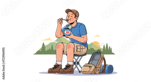 Cartoon man enjoying a meal during a mountain trip showcasing outdoor adventures and the allure of camping lifestyle