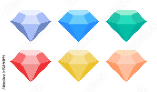 Pixelated gemstones. Pixel art of colorful diamond collection. Precious jewels pixel. 