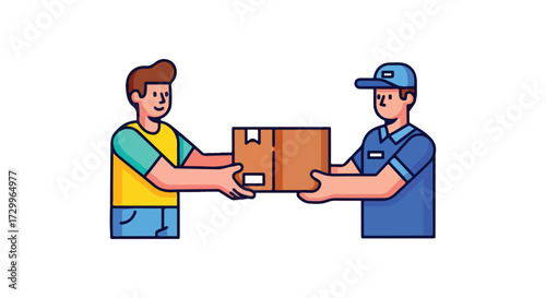 Stylized delivery illustration showcasing the hand-off of a package between a delivery person and a recipient conveying convenience and efficiency