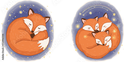 Cute sleeping fox, family of foxes, night sky background, cozy woodland animals, dreamy stars, peaceful wildlife, adorable illustration, bedtime artwork, cartoon