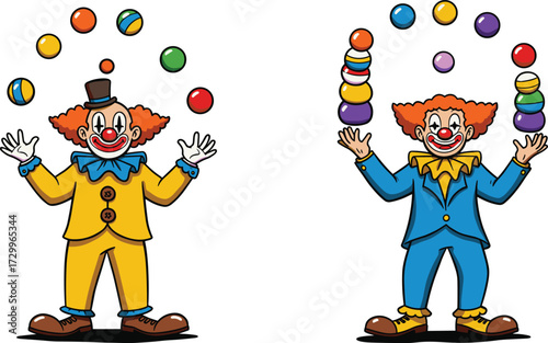 Funny cartoon clowns juggling colorful balls, circus performance illustration, happy characters entertaining, playful design for children, vector art, comedy show