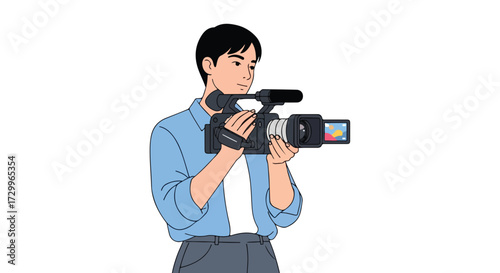 Illustration of a young man holding a professional video camera with a focused expression on a white backdrop