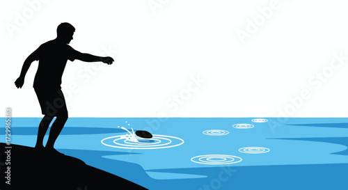 Silhouette of a man throwing a stone into blue water creating ripples on the surface graphic minimalist recreation throwing stone on lake  recreation
