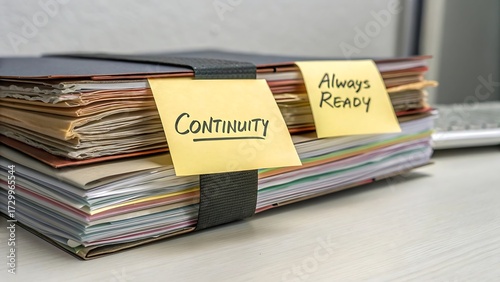 Documents stacked on a desk indicate a focus on business planning. Sticky notes emphasize continuity and readiness, symbolizing preparedness for unexpected events.