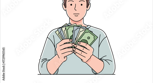 Cartoon character displaying a handful of cash, representing financial success and monetary wealth creation in a simplistic design style