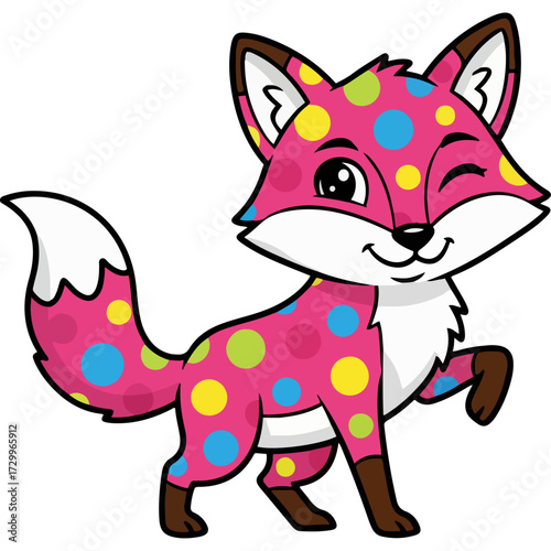 An adorable cartoon fox mascot with a vibrant pink coat and colorful polka dots. A cute and playful winking character for kids' branding, party invitations or as a fun nursery room mascot.