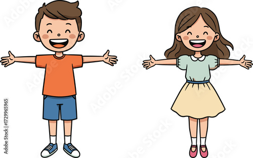 Happy cartoon children illustration, smiling boy and girl characters, cute kids drawing, playful childhood artwork, fun educational design, vector style
