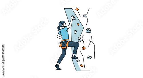 Indoor Climbing Illustration: A woman tackles a climbing wall showcasing determination and strength in a minimalist style with geometric elements