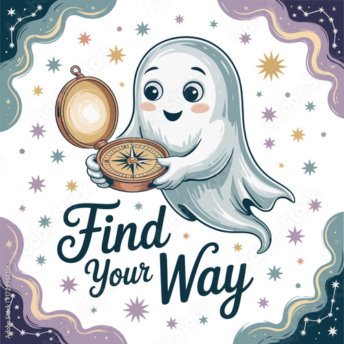 Find your way ghost, holding compass, vintage frame border, guiding star motifs, motivational message art, whimsical halloween vector