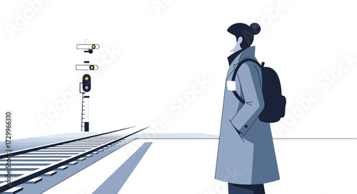 Solitary figure anticipating train journey: Minimalist blue illustration emphasizing waiting at the station, rail transportation and personal