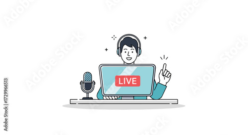 Illustrated streamer man making content while presenting live broadcast with microphone and headset for digital platform communication media network