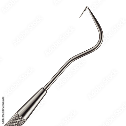 Close-up of a precision dental explorer, a vital metallic instrument with a sharp, curved tip, used by oral health professionals for thorough examination and diagnostic procedures in modern dentistry