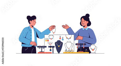 Craft Fair Commerce: A woman selling handcrafted necklaces and earrings at a local market showcase  for handmade jewelery and accessories