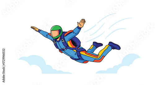 Cartoon skydiving figure soaring through the air, embracing freedom and adrenaline, with clouds and wind