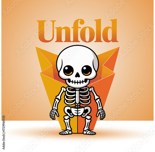 Unfold message skeleton, cheerful bones character, geometric paper folds background, growth mindset theme, positive motivational poster, vector design
