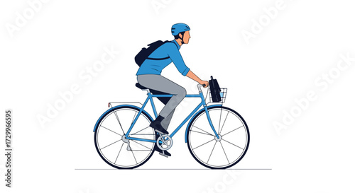 Stylized illustration of a cyclist with backpack and helmet riding a blue bicycle on isolated white background