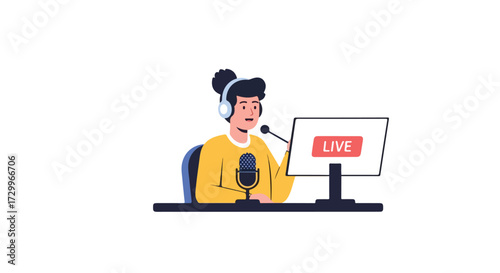 Broadcaster engaging with online audience, delivering live show through microphone and monitor displaying vibrant presentation visuals