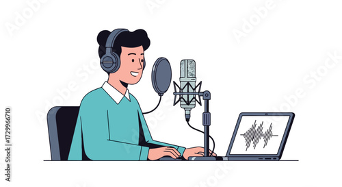 Illustration of a person recording audio with a microphone and laptop for podcasting or streaming content creation and soundwaves animation