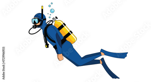Scuba diver explores ocean depths with blue suit, mask, yellow tank and bubbles emerging from equipment, clear waters exploration