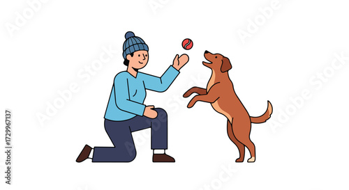 Cartoon depiction of a woman and her dog joyfully playing fetch in a minimalist style artwork, highlighting a friendly interaction, with vibrant