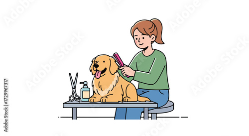 A delightful illustration showcasing a woman grooming a golden retriever with tenderness and care at professional dog grooming salon