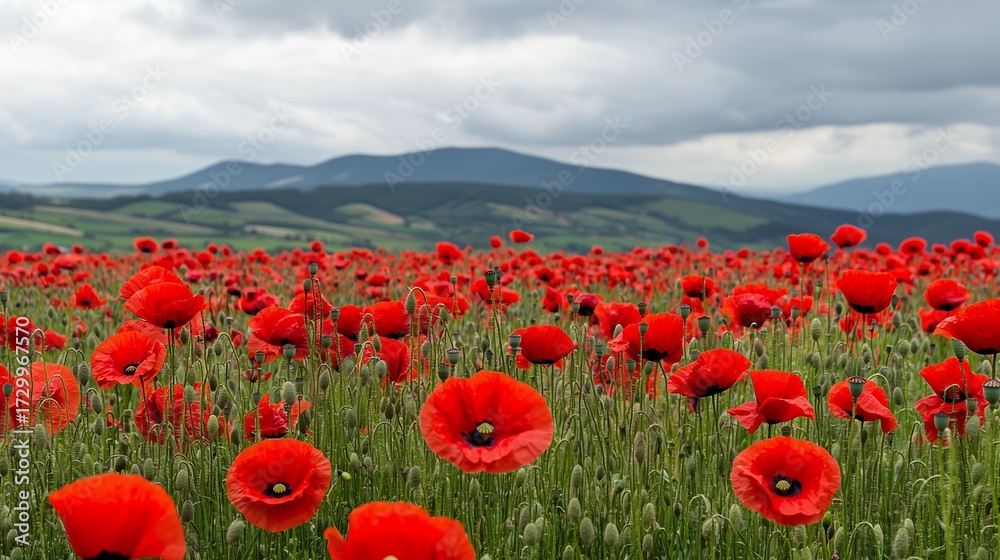 Fototapeta premium A vibrant field of red poppies stretches across rolling hills under a cloudy sky.