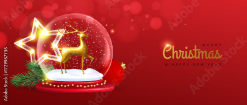 Christmas holiay snow globe with 3D golden deer statuette and Christmas tree on red background. Vector illustration