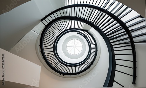 Architectural Marvel Black Spiral Staircase with Central Skylight Below Eye Level View