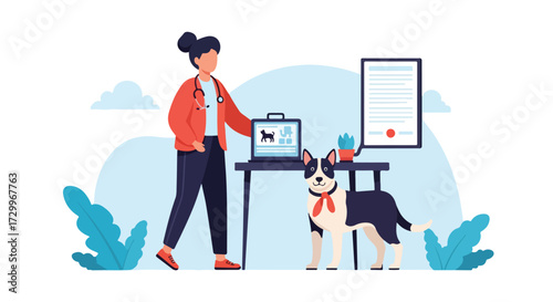 Veterinarian examining a dog's health records on a laptop during a check-up appointment inside modern vet clinic illustration