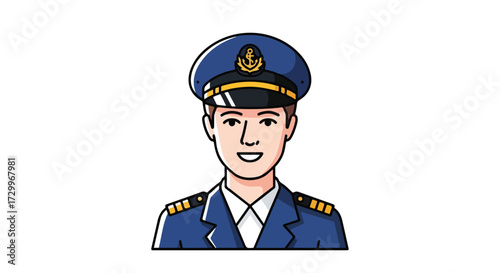 Illustration featuring a maritime officer in uniform with cap emblem, expressing professional sea service and dedication to duty in a maritime setting