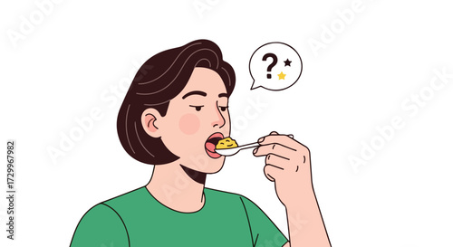 Woman with puzzled expression trying a new dish for the first time with questioning thought bubble displaying uncertainty over the new taste