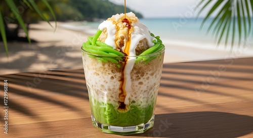 Refreshing Cendol Dessert on a Tropical Beach A Sweet Escape