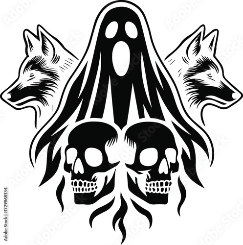 Angry wolf head tribal tattoo vector illustration, a wild animal symbol drawing with fierce teeth