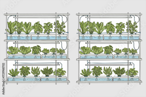 Indoor hydroponic system with four shelves of plants under artificial lights
