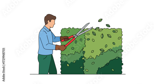 Illustration showcasing a gardener skillfully pruning a vibrant green hedge into a precise shape demonstrating horticultural practices