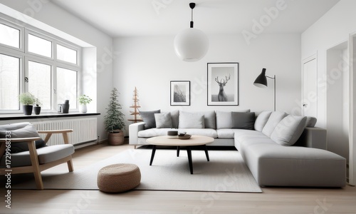 Wallpaper Mural Bright Minimalist Living Room with Gray Sectional Sofa and Textured Rug Torontodigital.ca